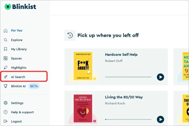 AI Search feature in Blinkist web app