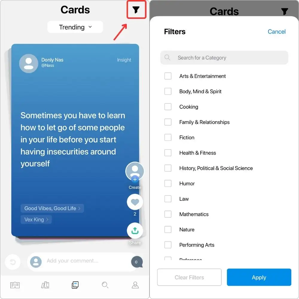 How to filter cards