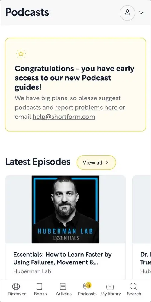 Podcast tab screenshot in Shortform