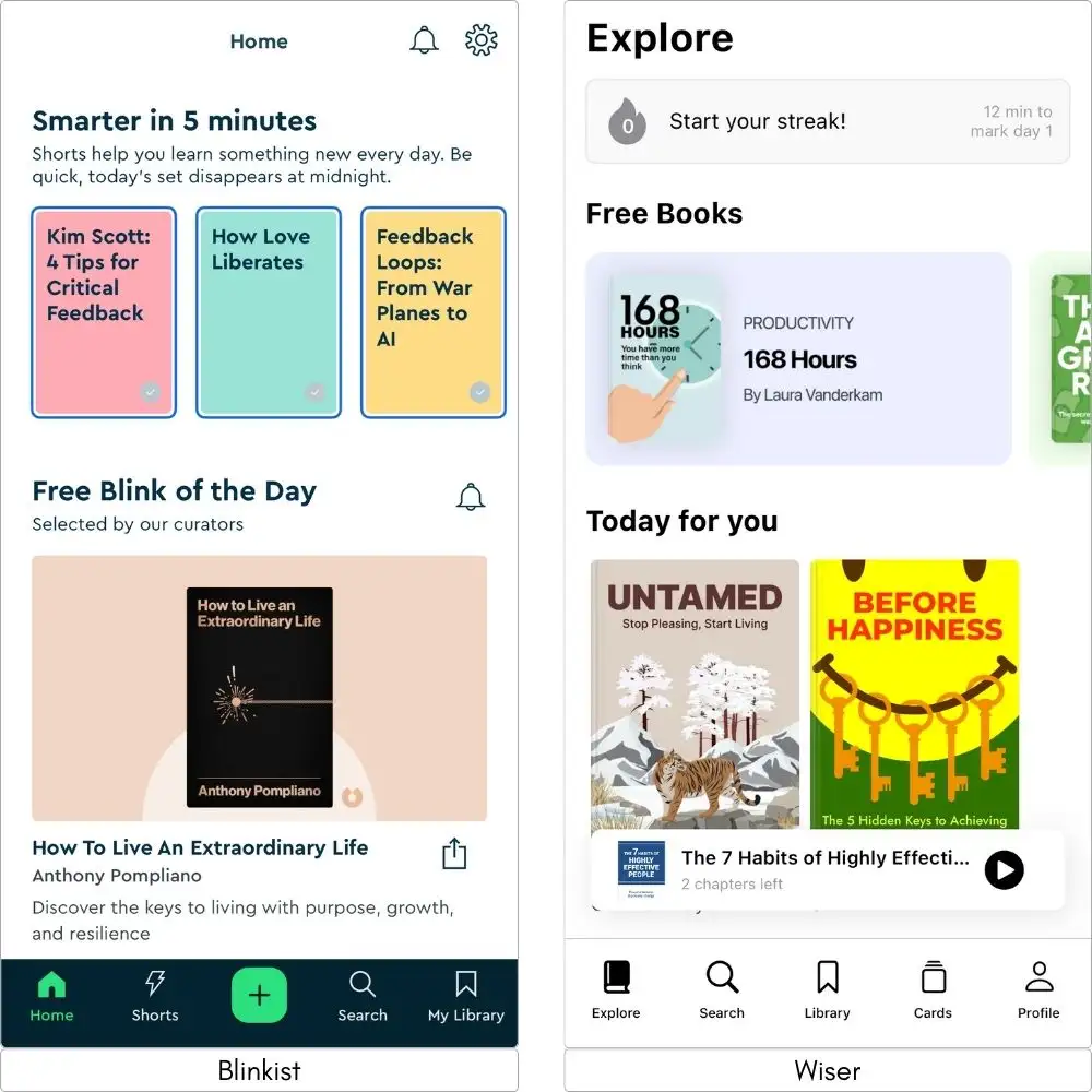 Blinkist vs Wiser interface comparison