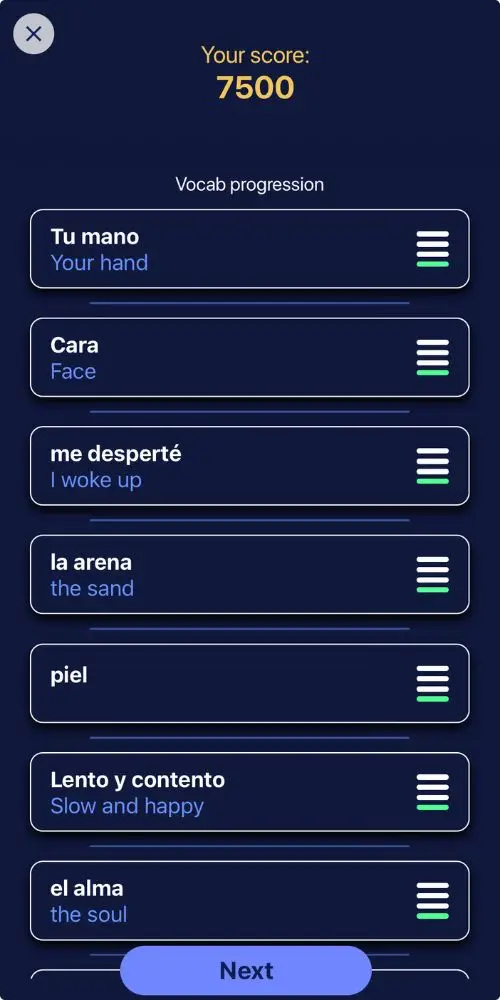 My vocabulary score in Lirica app