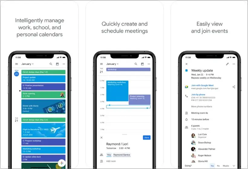 Google Calendar app screenshots