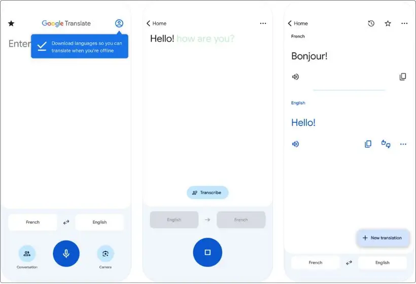 Google Translate app screenshots