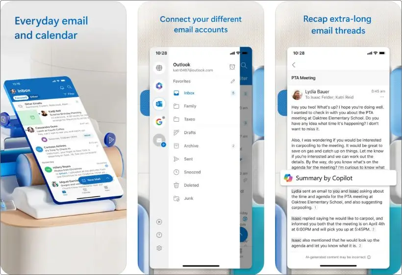 Microsoft Outlook app screenshots