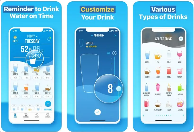 Water Reminder app screenshots