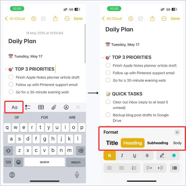 Screenshot of how I format my planner note in Apple Notes using headings for better structure — makes it easier to scan in the morning.