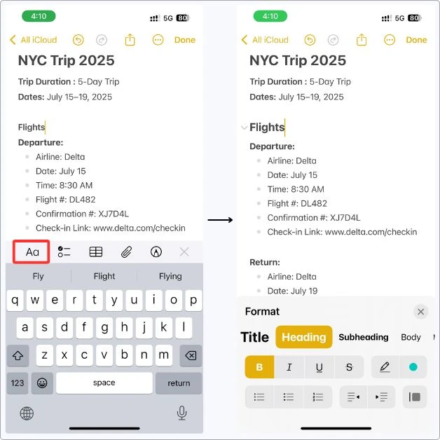 Screenshot showing how I organize my travel note in Apple Notes using collapsible headings for sections like Flights, Accommodation, and Itinerary.