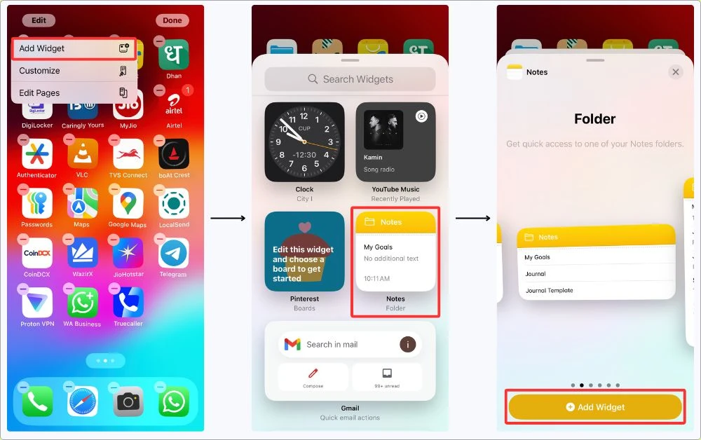 Step-by-step view of how I added the Notes widget on my iPhone and linked it to my planner folder for quick access.