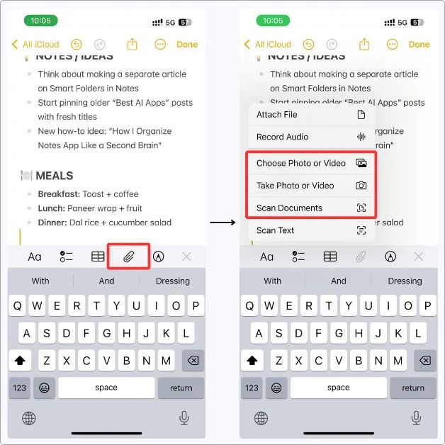 Screenshot showing how I add a photo or scanned document to my planner note in Apple Notes using the paperclip icon.