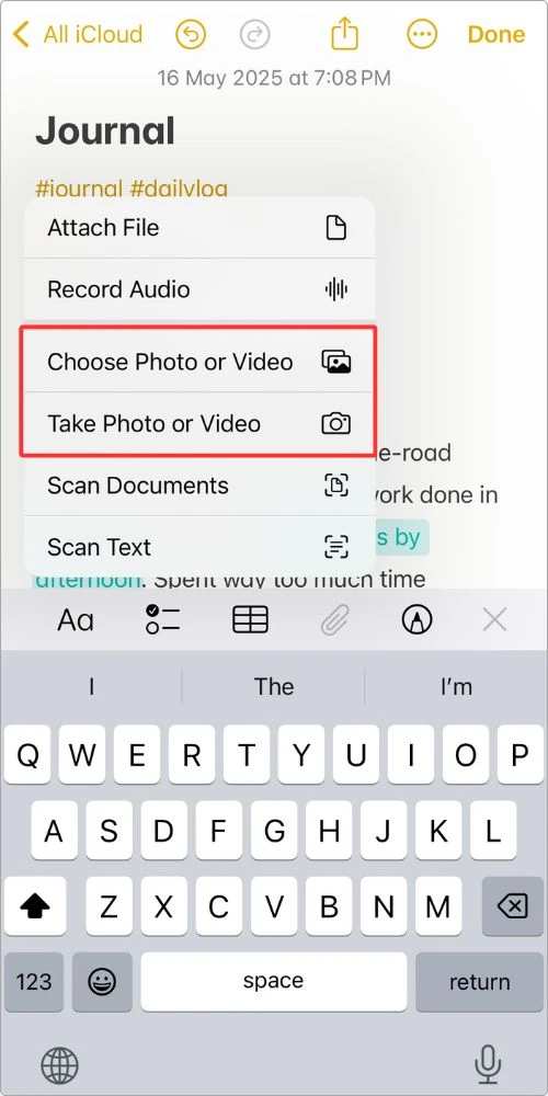Screenshot of me adding a photo to my journal entry in Apple Notes — using the paperclip menu to choose or snap a picture.