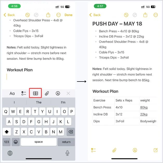 Screenshot showing how I use tables in Apple Notes to log workouts — tapped the table icon and added sets, reps, and weights for each exercise.