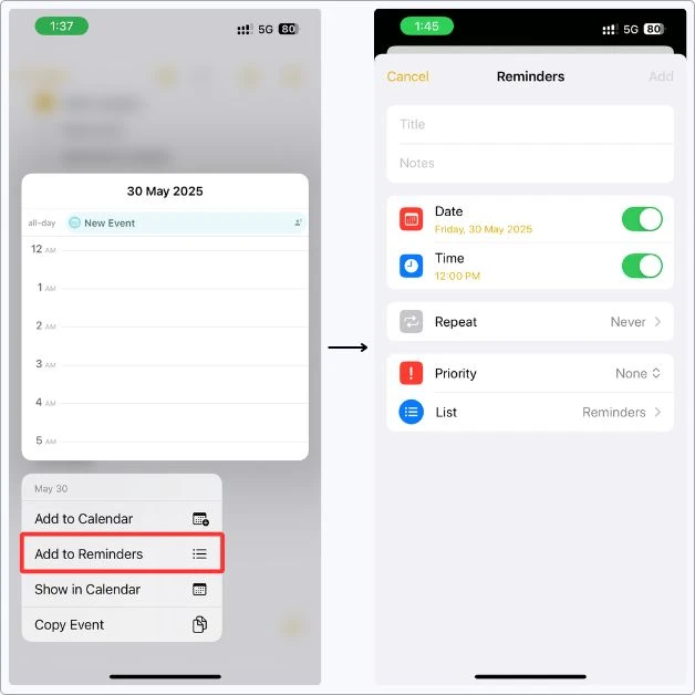 Screenshot showing how to add a smart date from Apple Notes directly to Reminders by long-pressing the date and tapping “Add to Reminders,” with the Reminders setup screen on the right.