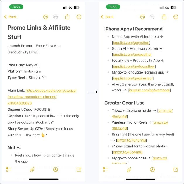 Screenshot of a Promo Links & Affiliate Stuff note in Apple Notes showing launch promo details, affiliate links for iPhone apps, and recommended creator gear grouped with headings.