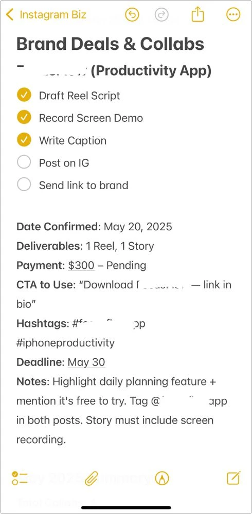 Screenshot of my Brand Deals & Collabs note in Apple Notes showing a checklist and details like deliverables, CTA, hashtags, deadline, and payment status for a sponsored Instagram post.