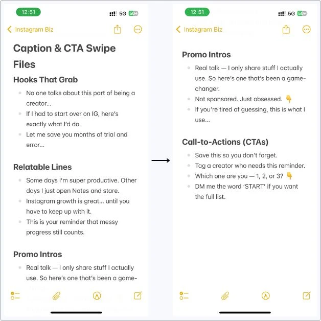 Screenshot of my Caption & CTA Swipe File note in Apple Notes, packed with hooks, relatable one-liners, promo intros, and call-to-actions used for Instagram content.