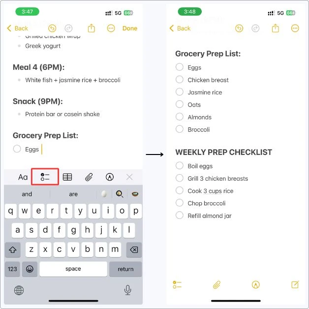 How I use checklists in Apple Notes for my meal prep — just tap the checkmark icon to turn your grocery list and weekly prep into a tickable list.