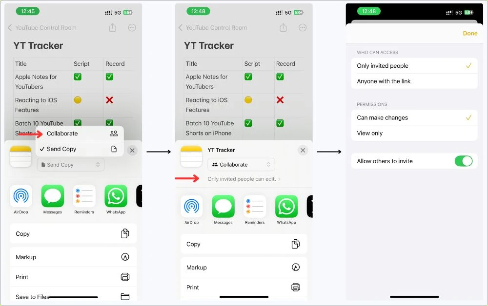 Step-by-step screenshots showing how to share an Apple Notes YouTube tracker for collaboration — using the “Collaborate” feature with custom access and permission settings