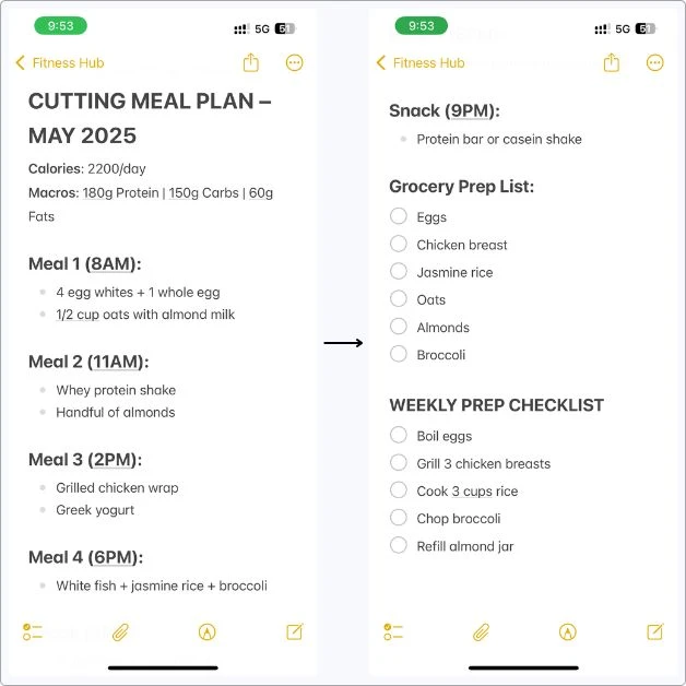 Real example of my cutting meal plan in Apple Notes — daily meals, macros, grocery list, and weekly prep checklist.