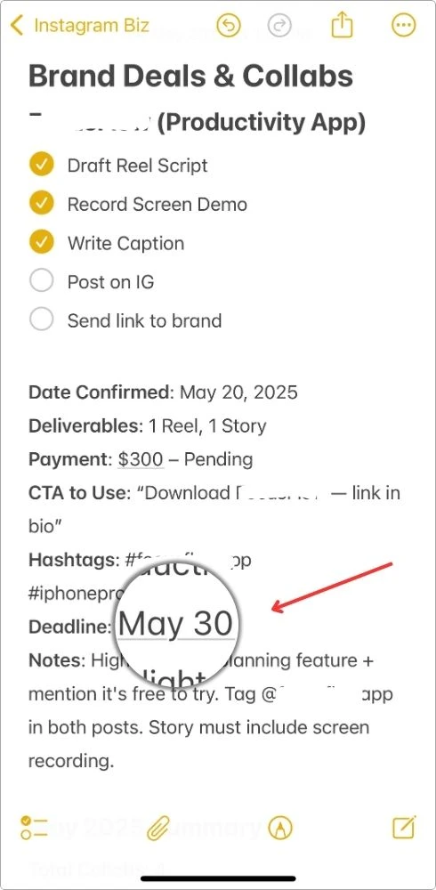 Screenshot showing how I just type “May 30” in Apple Notes and it turns into a smart link — no need to open the Reminders app to set deadlines.