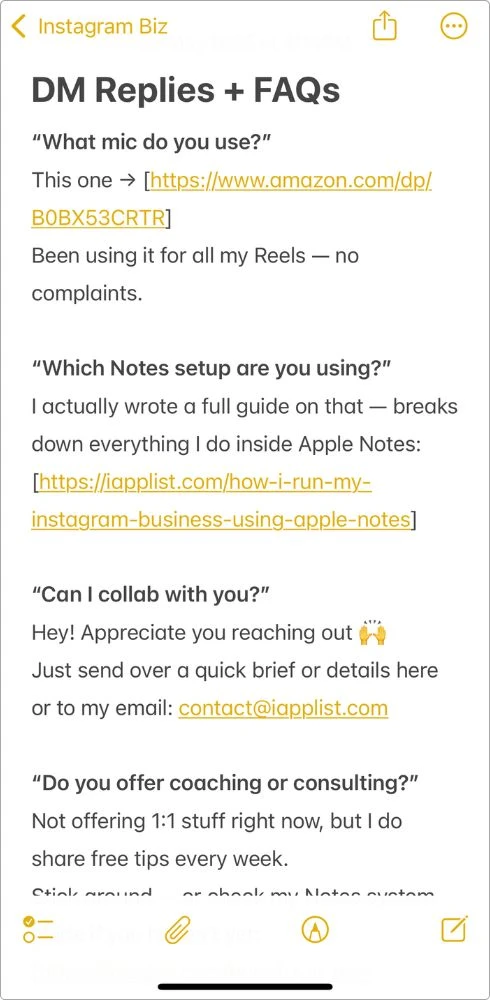 Screenshot of my DM Replies note — quick answers I’ve saved for questions I get all the time, like gear links, collab requests, and how I use Apple Notes.