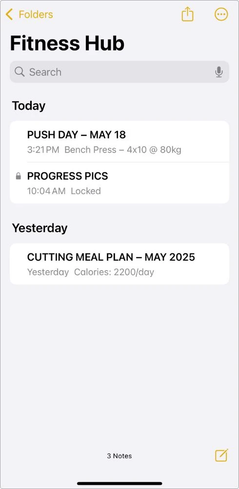 How I organize my fitness stuff in Apple Notes — one folder called “Fitness Hub” with notes for workouts, meal plan, and locked progress pics.