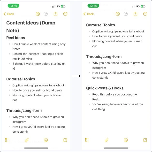 Screenshots of my Content Ideas note in Apple Notes showing raw post ideas for Instagram reels, carousels, threads, and quick hooks — all loosely organized with simple headings.