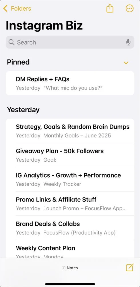 Screenshot of my Instagram Biz folder in Apple Notes — where I keep notes for DM replies, content planning, promos, collabs, and everything else I do on IG.