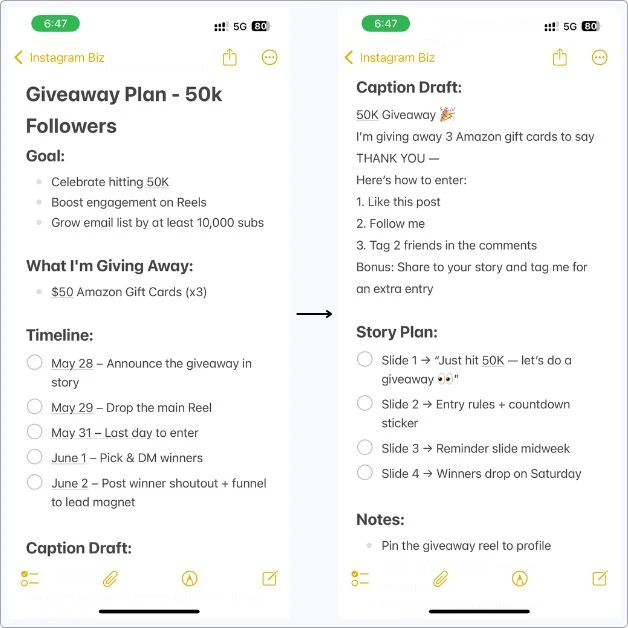 Screenshot of my 50K Giveaway plan — goals, post schedule, caption ideas, and story breakdown all saved inside one simple Apple Note.