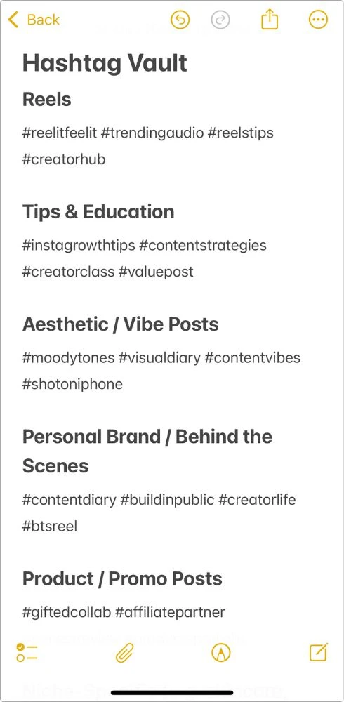 Screenshot of my Hashtag Vault note in Apple Notes showing organized hashtag groups for Reels, Tips & Education, Aesthetic Posts, Personal Brand, and Product Promos.