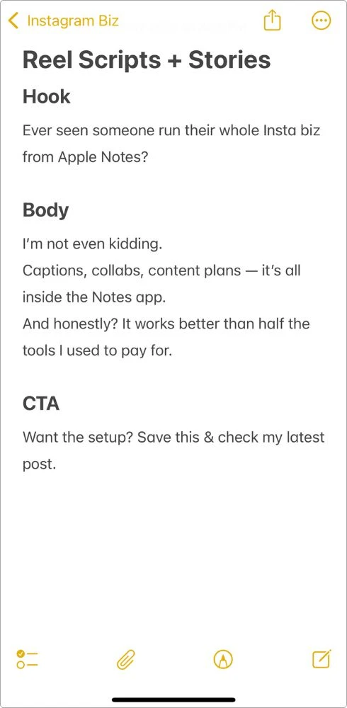 Screenshot of my Reel Scripts + Stories note in Apple Notes showing a simple layout with hook, body, and CTA sections for creating Instagram reels and story content.