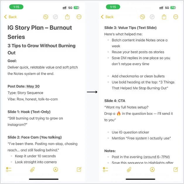 Screenshot of my Instagram Story Plan note in Apple Notes showing a step-by-step breakdown of slides, including hook, face cam, value tips, and CTA for burnout content.