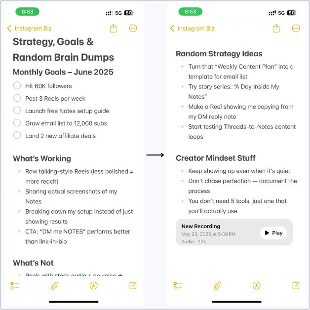 Screenshot of my Strategy, Goals & Brain Dumps note in Apple Notes showing monthly goals, what’s working, random strategy ideas, creator mindset reminders, and a saved audio note.