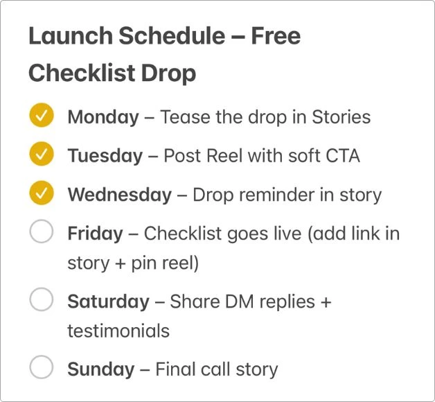 Screenshot of a launch checklist in Apple Notes showing a weekly breakdown from Monday to Sunday, including tasks like teasing a drop, posting reels, and sharing testimonials.
