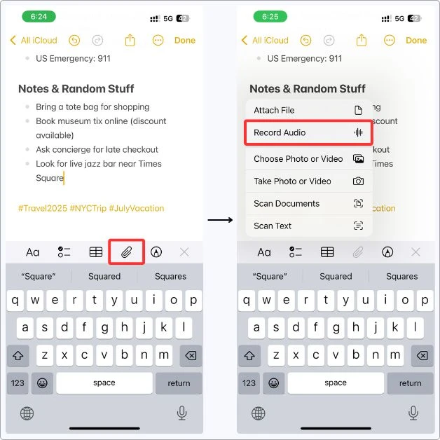 Using the Record Audio feature in Apple Notes on iPhone to add voice notes during travel when typing feels like too much — perfect for quick ideas or updates on the go.