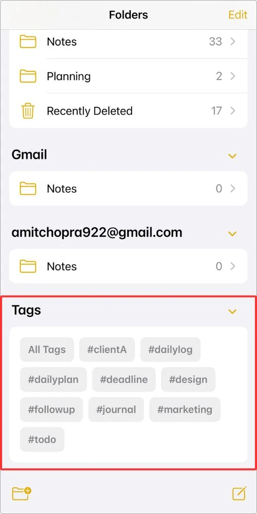 Screenshot of the Apple Notes Tags section under Folders — where I can tap tags like #dailyplan or #journal to filter my notes instantly.