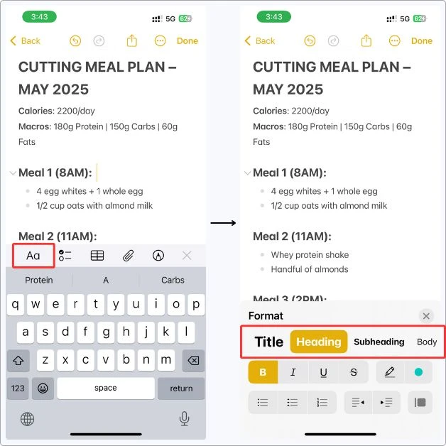 How I use headings in Apple Notes — just tap the Aa icon and pick Title or Heading to break up sections and make everything easier to read.