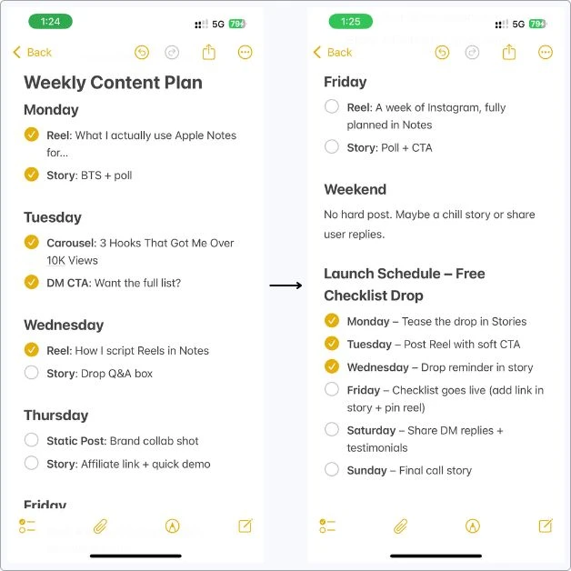 Screenshot of my Weekly Content Plan note in Apple Notes showing a day-by-day breakdown of Instagram content including reels, stories, carousels, and a launch checklist.