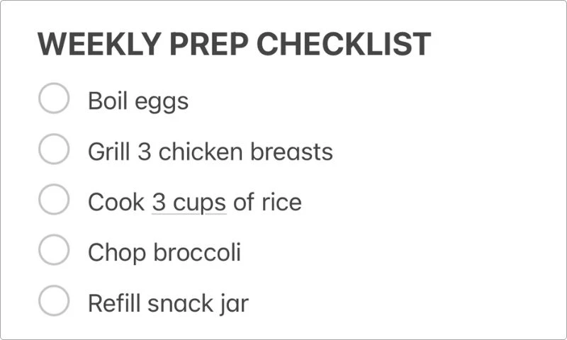 Screenshot of my weekly meal prep checklist in Apple Notes — just a simple list I use every Sunday to stay on track.