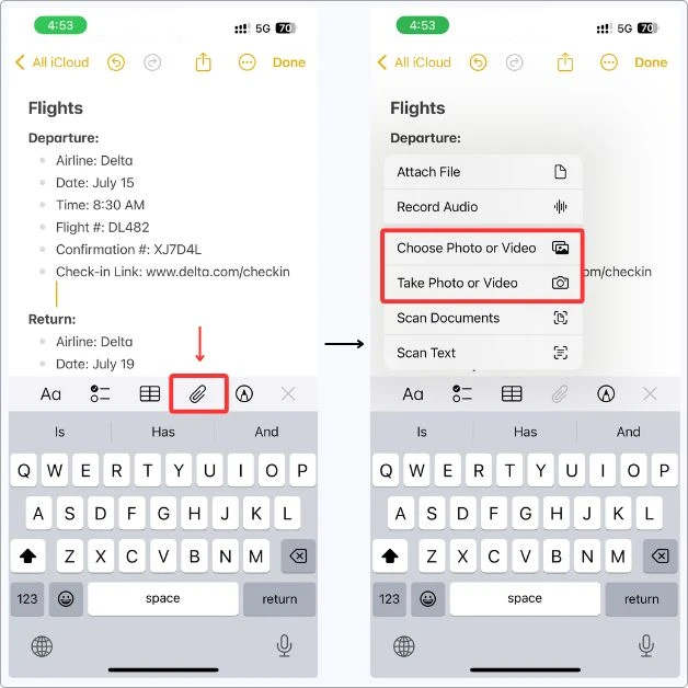 Screenshot showing how I use the Paperclip icon in Apple Notes to add travel screenshots like boarding passes and QR codes to my flight section.
