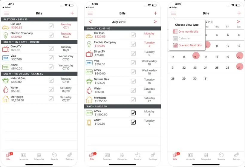 Bills Manager app screenshots