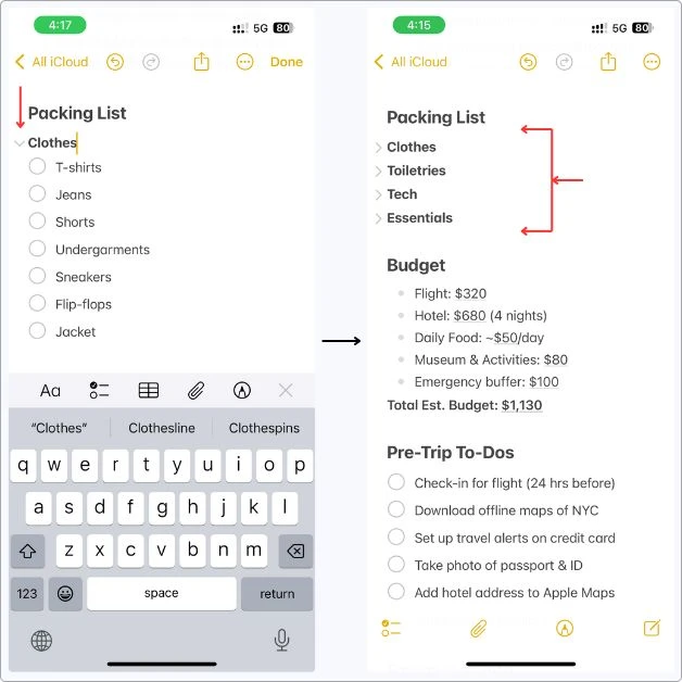 Screenshot showing how I use collapsible headings in Apple Notes to keep my Packing List and Budget sections clean and scannable.