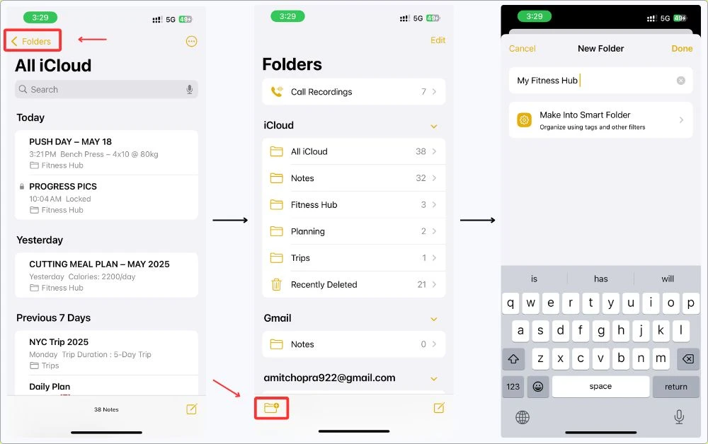 Step-by-step view of how I set up my Fitness Hub folder in Apple Notes — where all my workouts, meal plans, and progress logs live.
