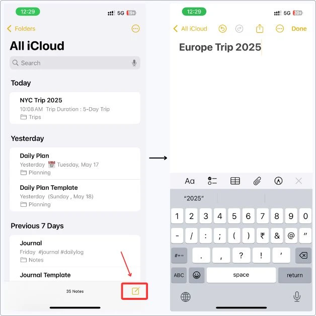 Screenshot showing how I created a new note in Apple Notes called “Europe Trip 2025” to start planning my vacation in one place.