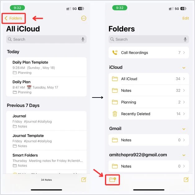 Step-by-step screenshot showing how I created a new folder in Apple Notes to organize my planner notes.