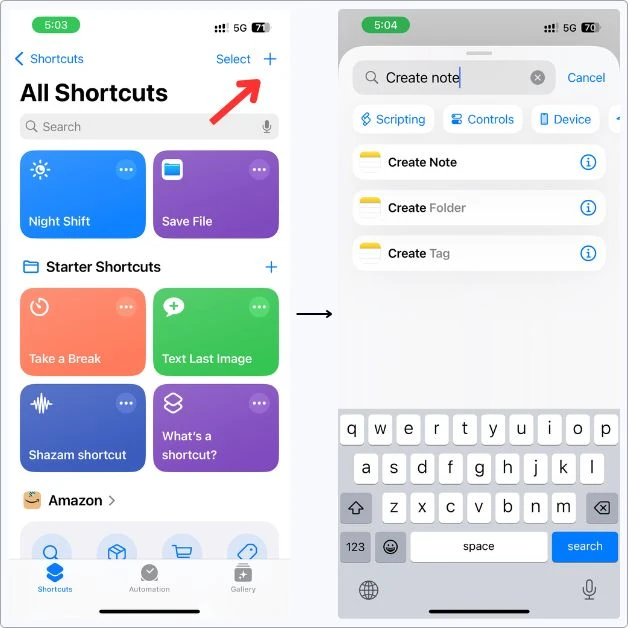 Step-by-step view of how I started building a Shortcut in the Shortcuts app to create a new journal note in Apple Notes.