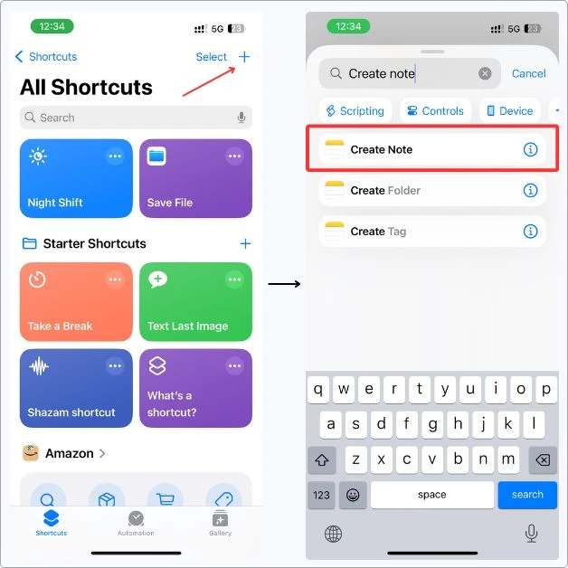 Screenshot of how I started building a shortcut in the Shortcuts app to instantly create a new note using my planner template.