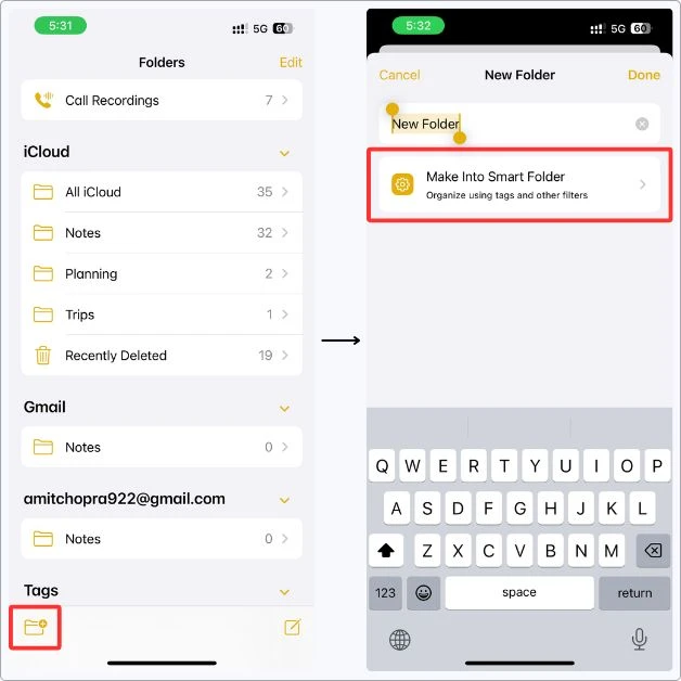 Creating a Smart Folder in Apple Notes by tapping “New Folder” and selecting the “Make Into Smart Folder” option to organize notes using tags.