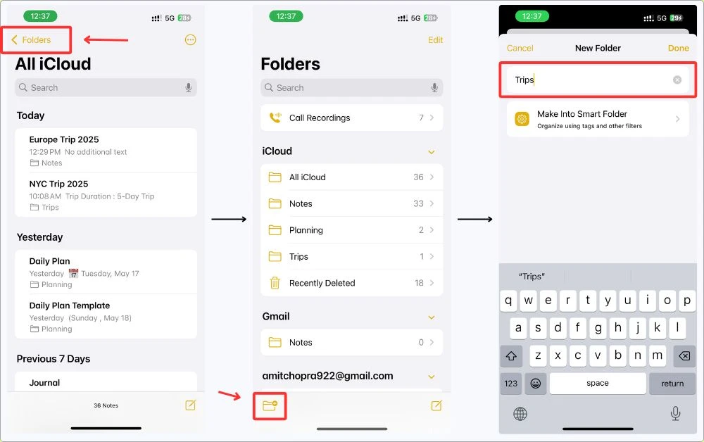 Step-by-step screenshot showing how I created a new “Trips” folder in Apple Notes to keep all my travel planning notes organized.