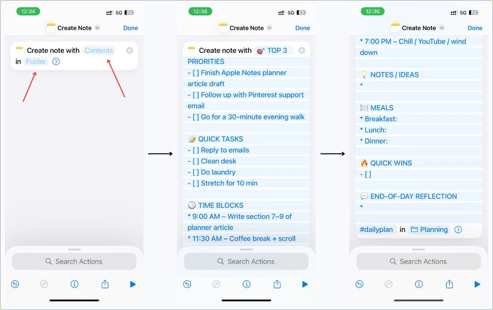 View of my daily planner template being added into the Shortcut setup with folder and tags in Apple Notes.