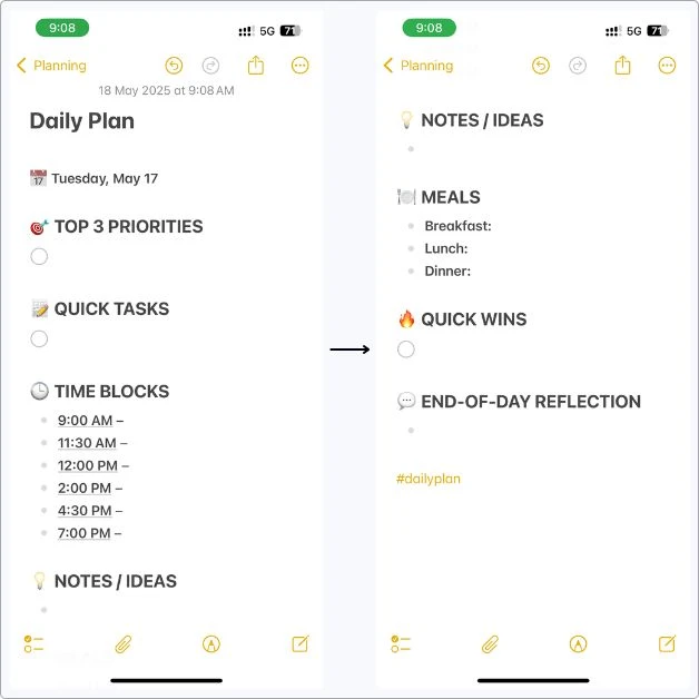 My full daily planner template inside Apple Notes — with priorities, tasks, time blocks, meals, and an end-of-day reflection section.